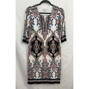 Sandra Darren Women's‎ Dress Size M White Navy Paisley Lined 3/4 Sleeve